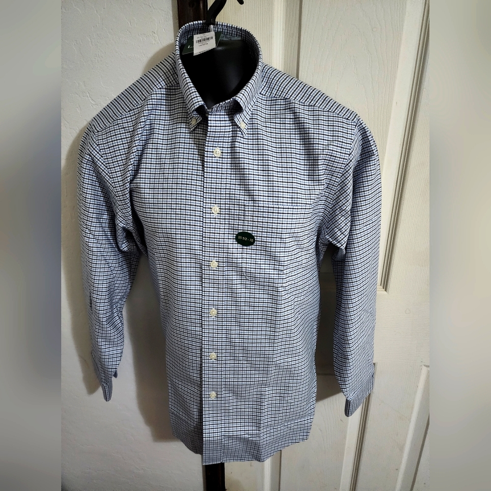 NWT L.L. Bean Blue‎ and white Plaid longsleve Polo ButtonDown SIZE 15 1/2-32